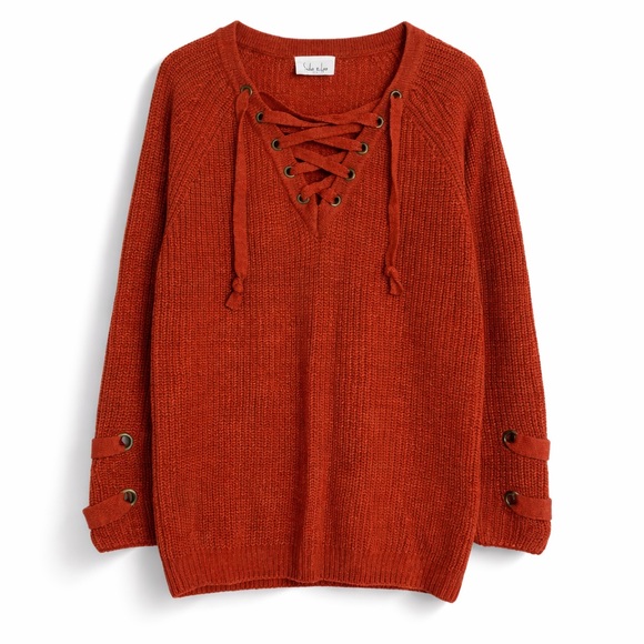 Sadie & Love Sweaters - Lace-Up Ribbed Knit Sweater - Rust